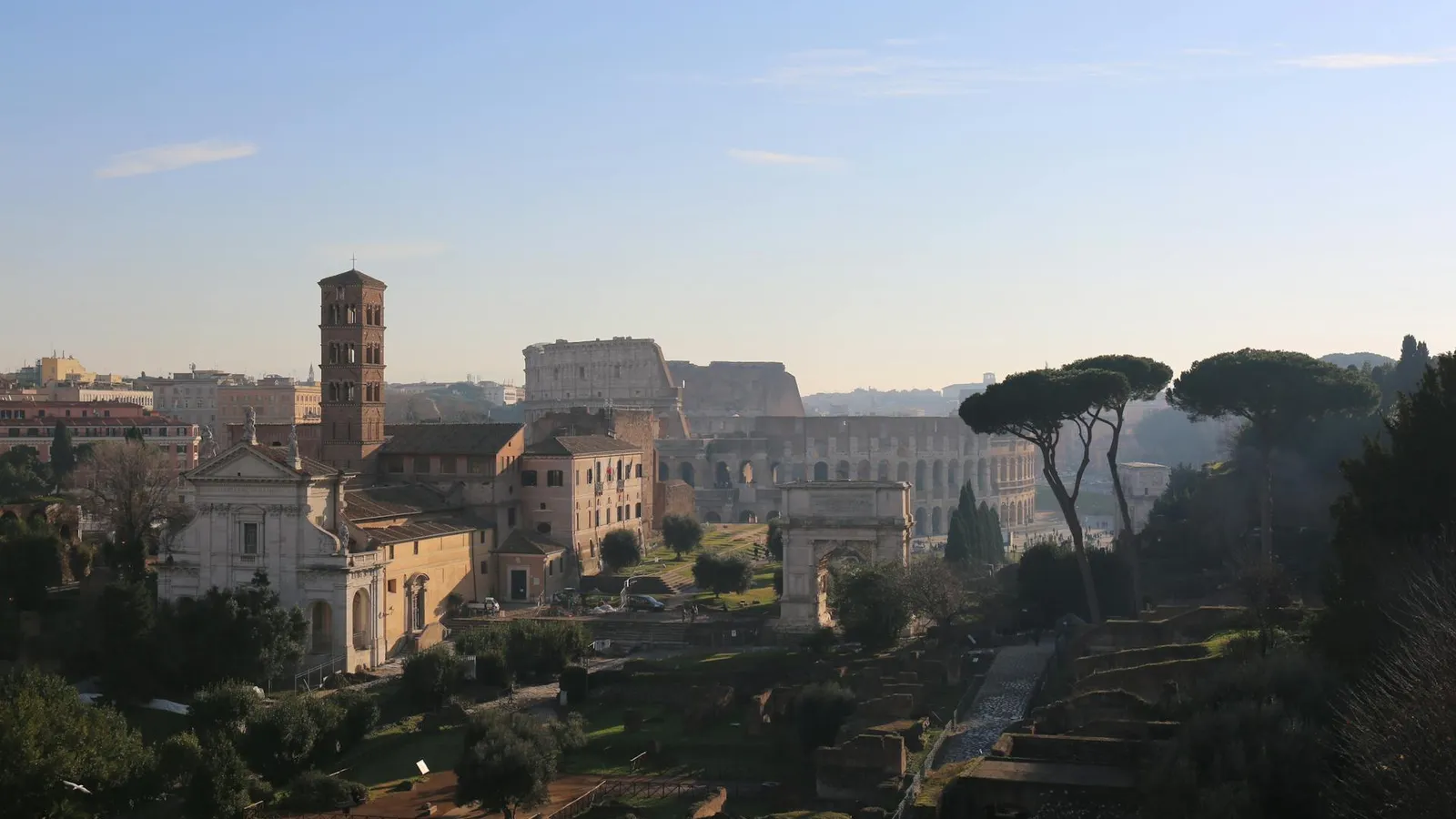 The Colosseum and Roman Forum seen from Parco del Colle Oppio, a five-minute walk from Hotel Colle Oppio.