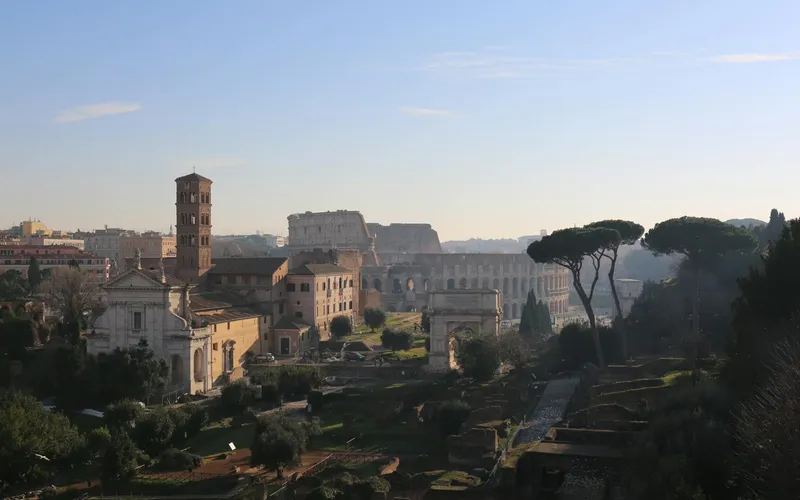 The Colosseum and Roman Forum seen from Parco del Colle Oppio, a five-minute walk from Hotel Colle Oppio.